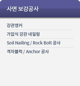 사면 보강공사 강관앵커 가압식 강관 네일링 Soil Nailing / Rock Bolt 공사 격자블럭 / Anchor 공사